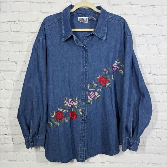 bliss Tops - Vintage 90s Y2K Blouse Women Plus 2X Blue Denim Chambray Floral Embroidered  Top